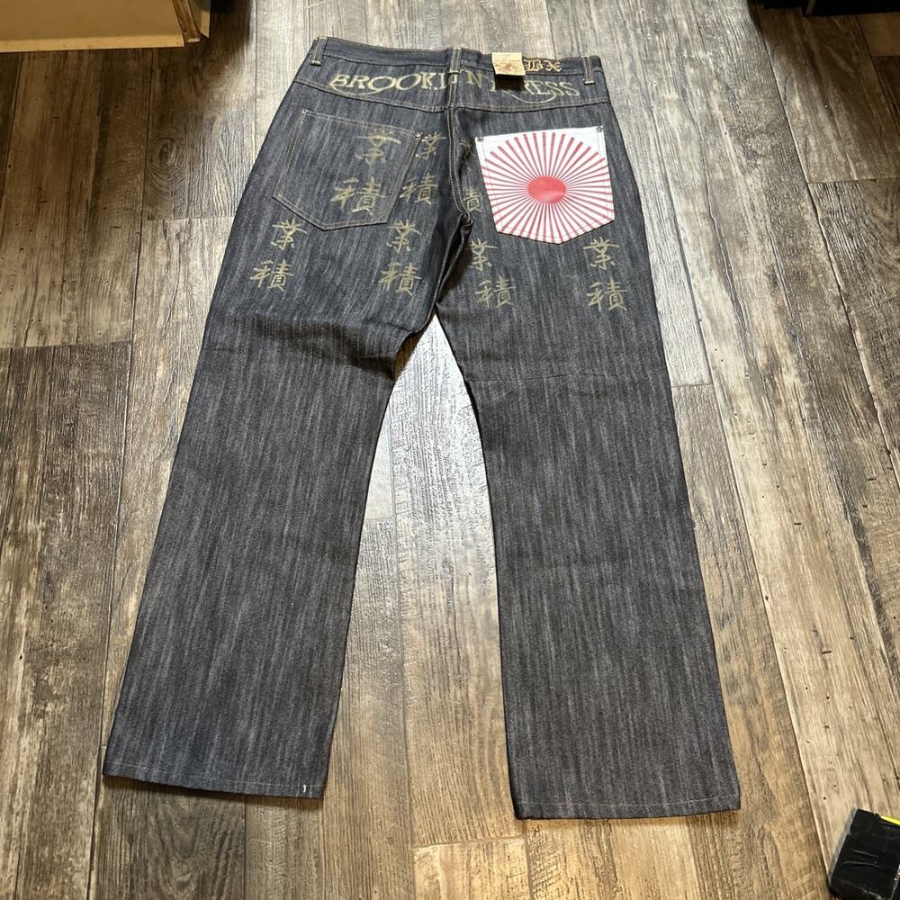 Brooklyn Express Mens 34/32 Baggy Y2K Jeans Wide Leg JNCO Style Metallic Denim